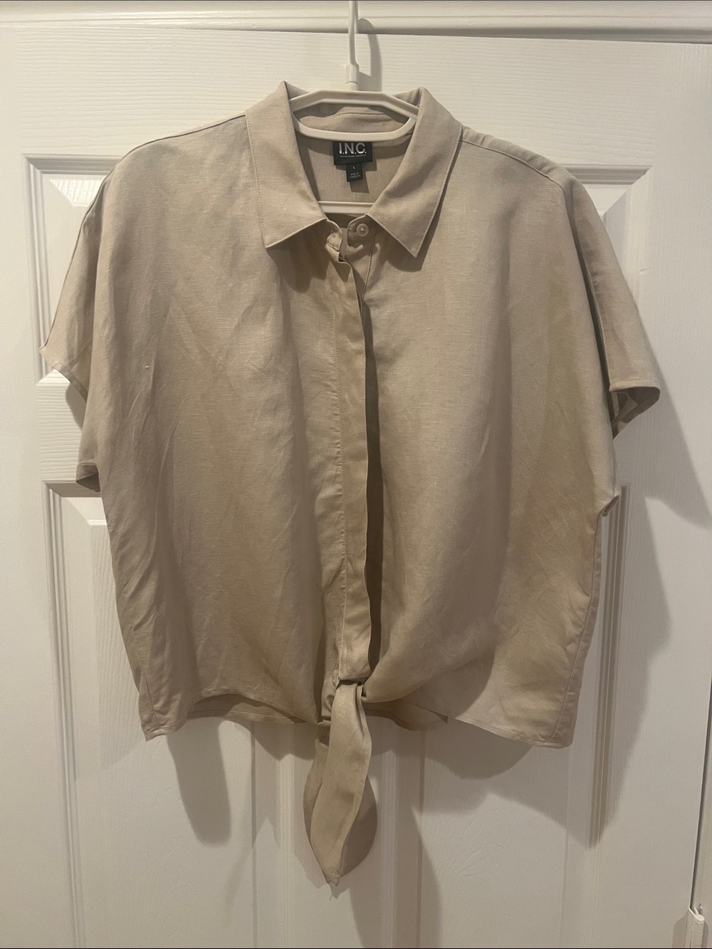 INC International Concepts Beige Tie-Front Short Sleeve Button-Down